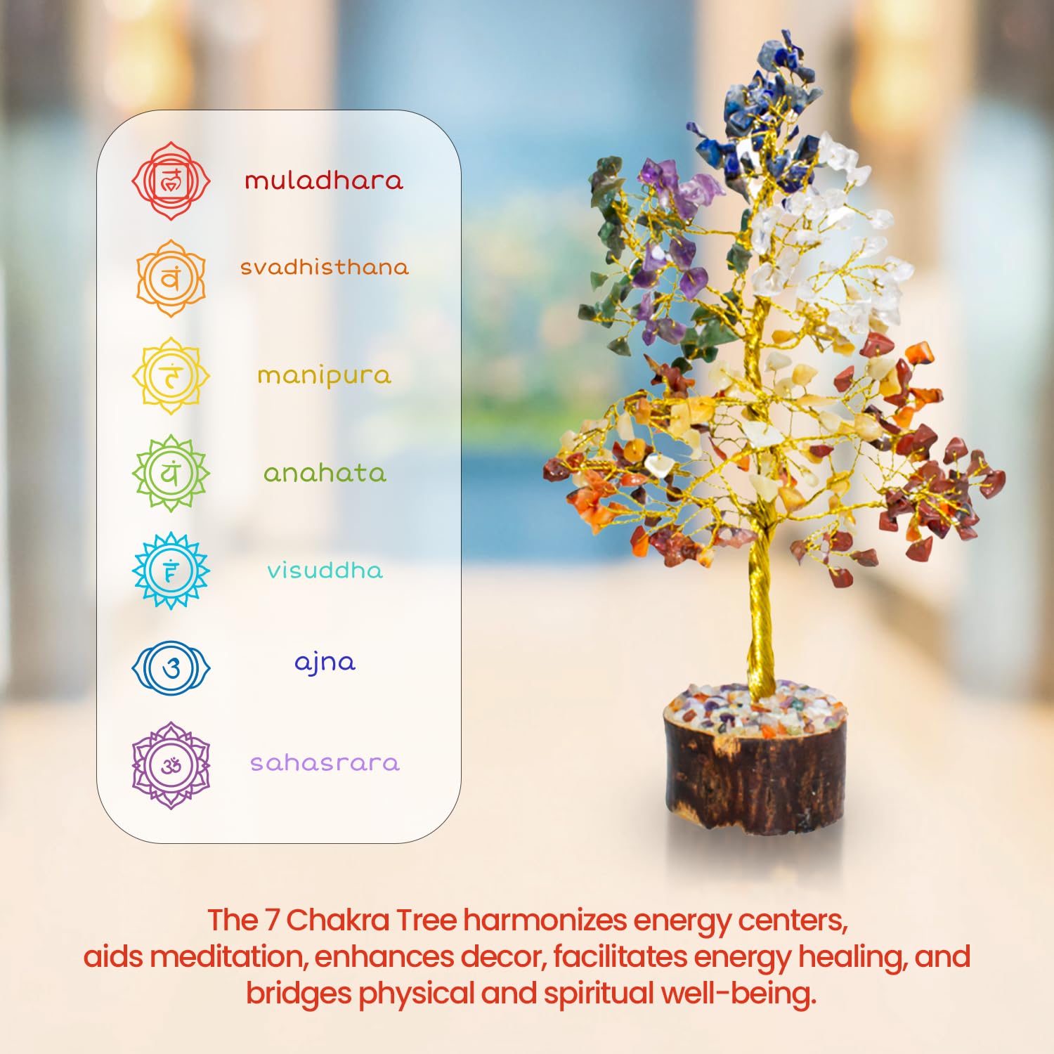 7 Chakra Crystal Tree 150 Chips Wood Base – Veda Connection